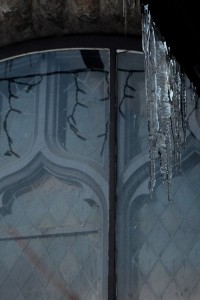 Icicles hanging from an old church in Summerland.